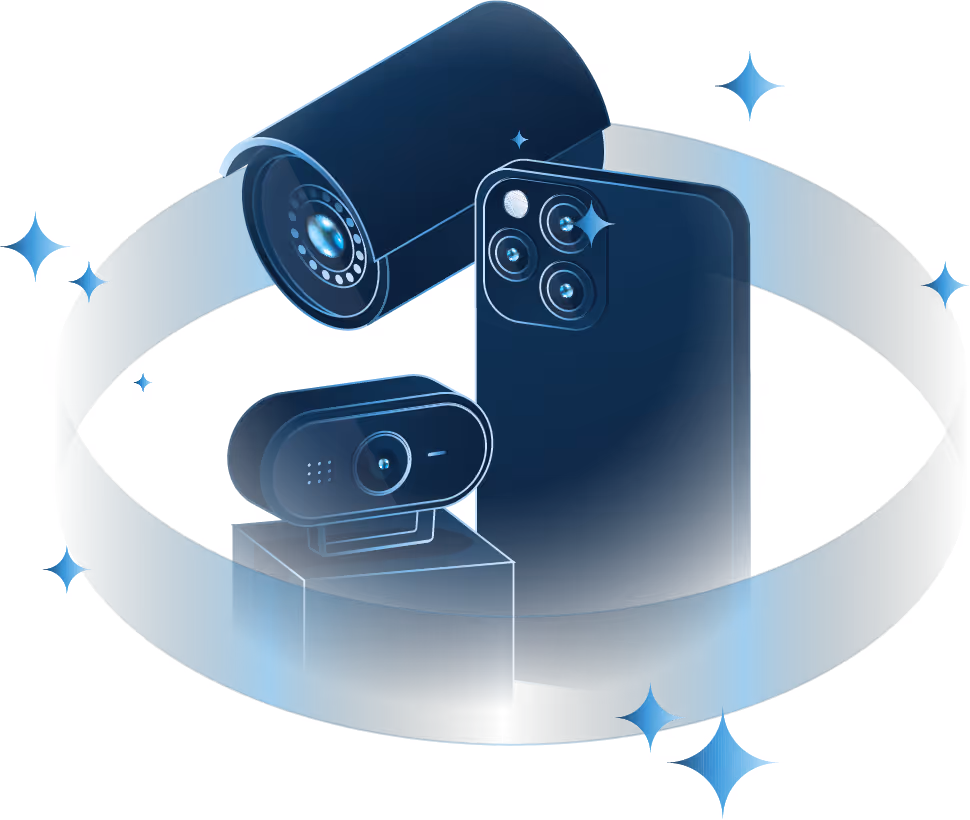 Illustration of a smartphone with triple cameras, a security camera, and a webcam encircled by a blue ribbon with sparkles.