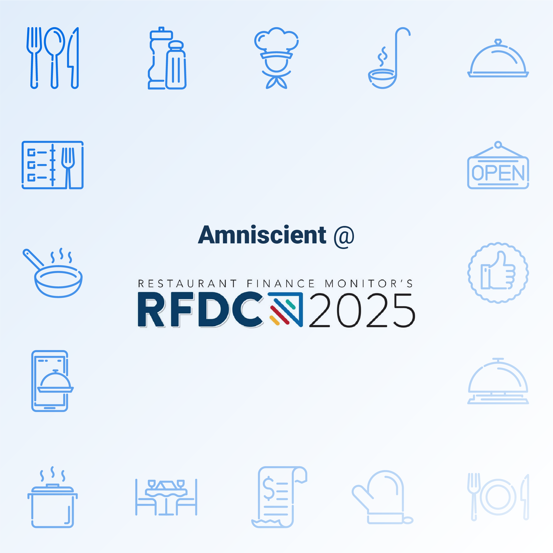 Restaurant Finance Monitor's RFDC 2025 logo surrounded by blue line icons of dining, cooking, and restaurant elements.