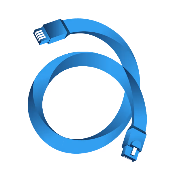 Blue Ethernet cable coiled in a circular shape with connectors on both ends.