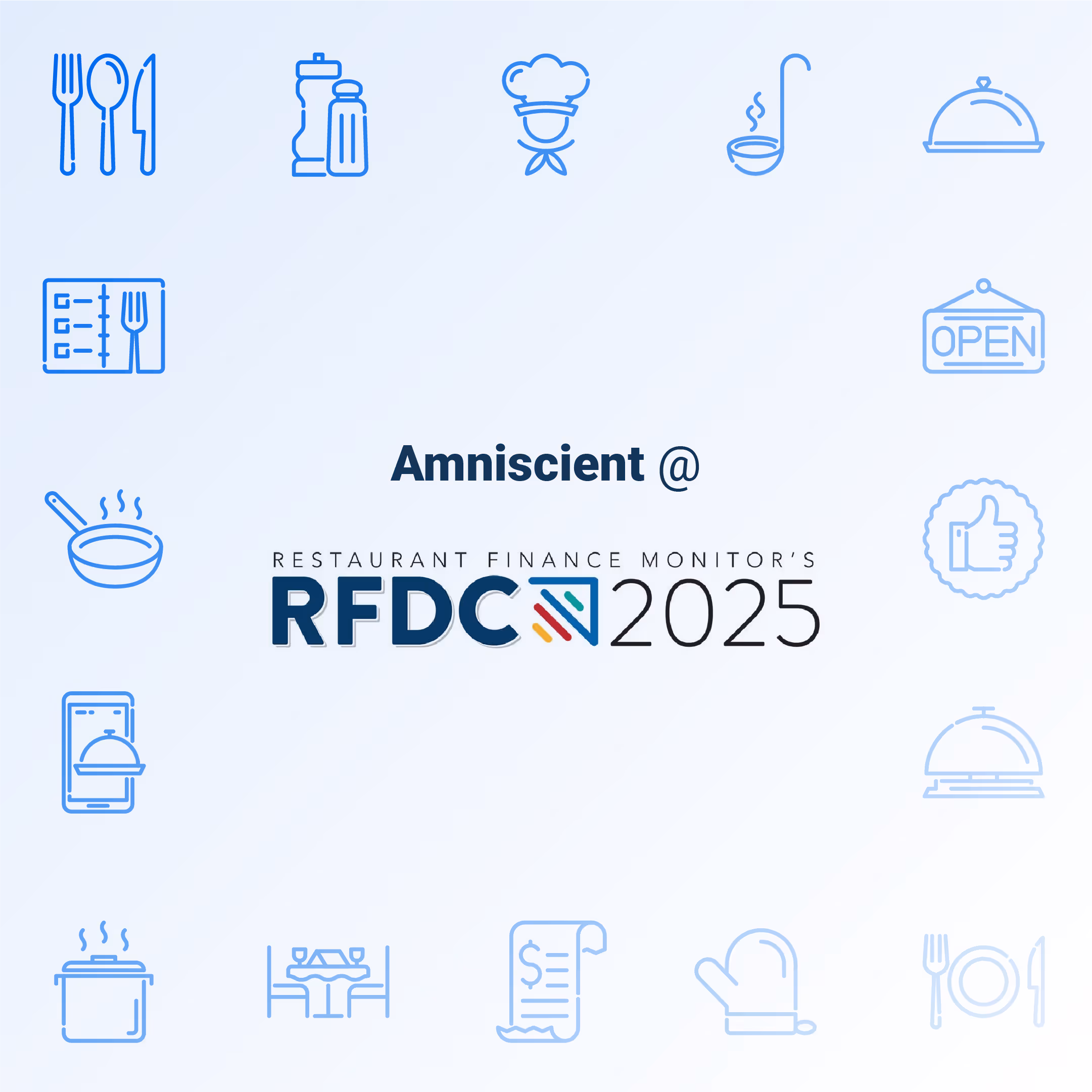 Amniscient at Restaurant Finance Monitor's RFDC 2025 with food and dining icons around text.