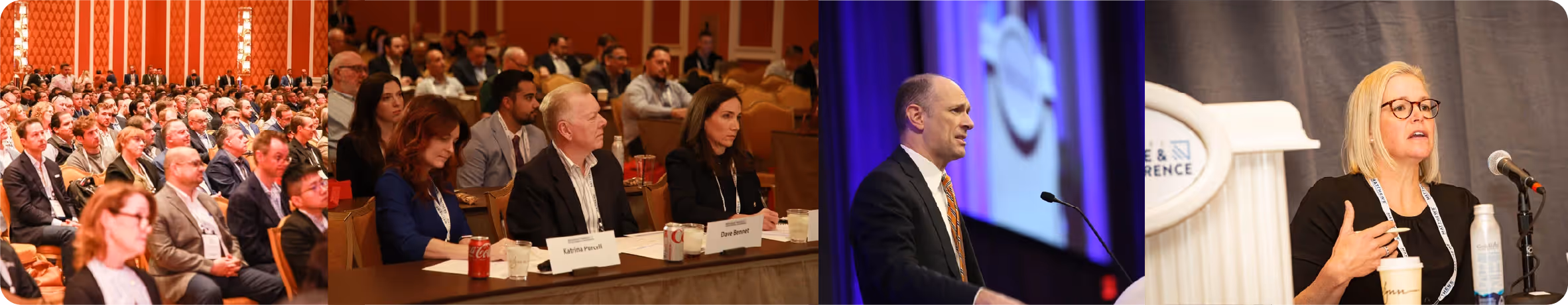 Audience listening at a conference, judges seated at a table, man speaking at podium, woman presenting at microphone.