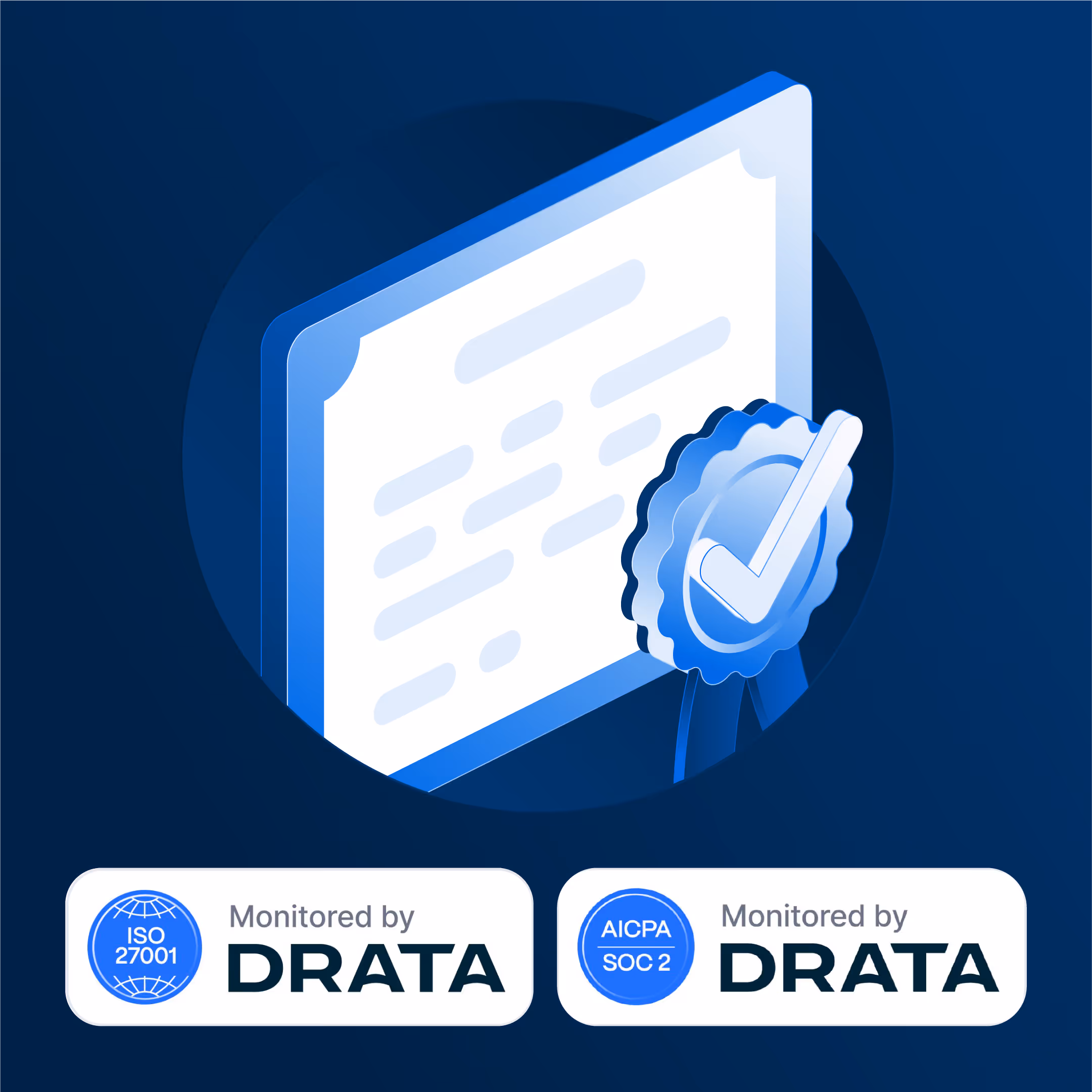 Certificate with blue checkmark badge above two labels reading Monitored by DRATA for ISO 27001 and AICPA SOC 2.