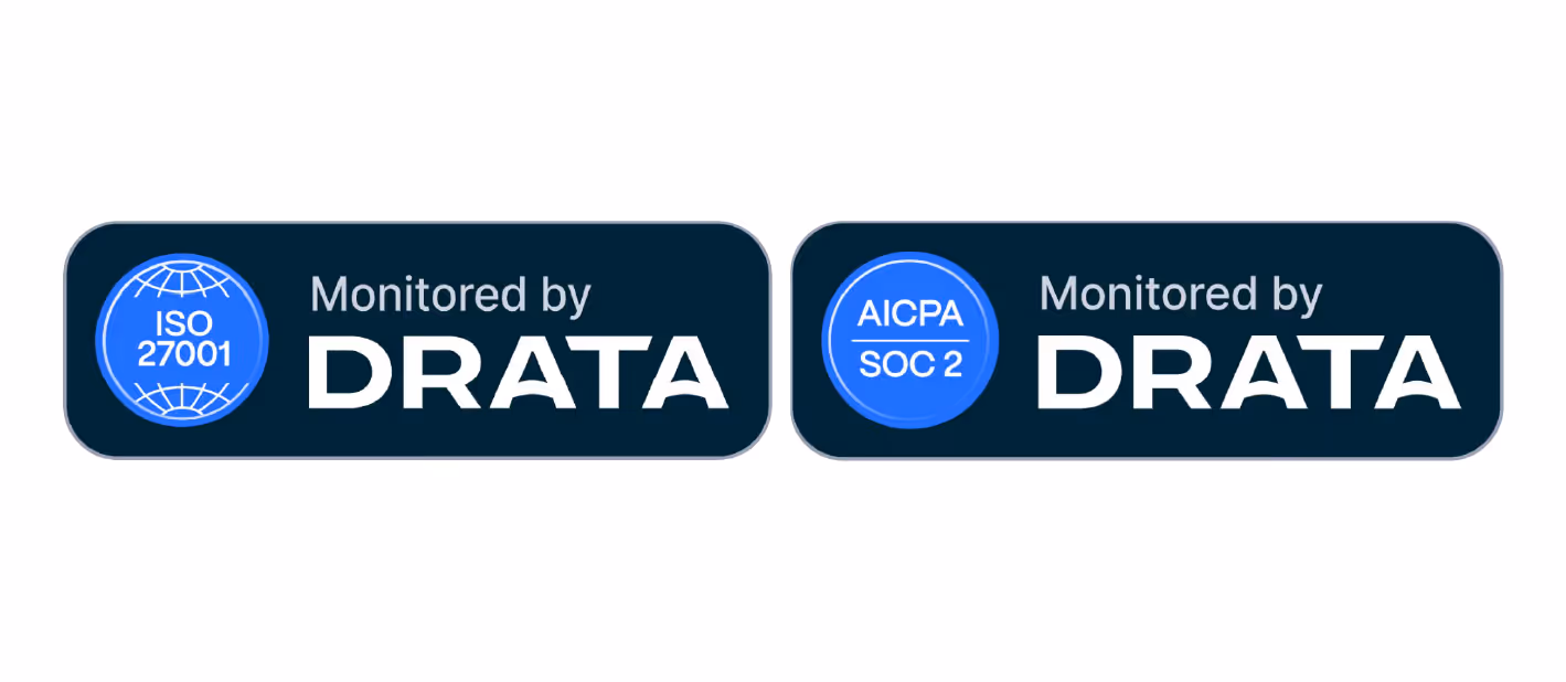 Two badges saying ISO 27001 and AICPA SOC 2 monitored by Drata.