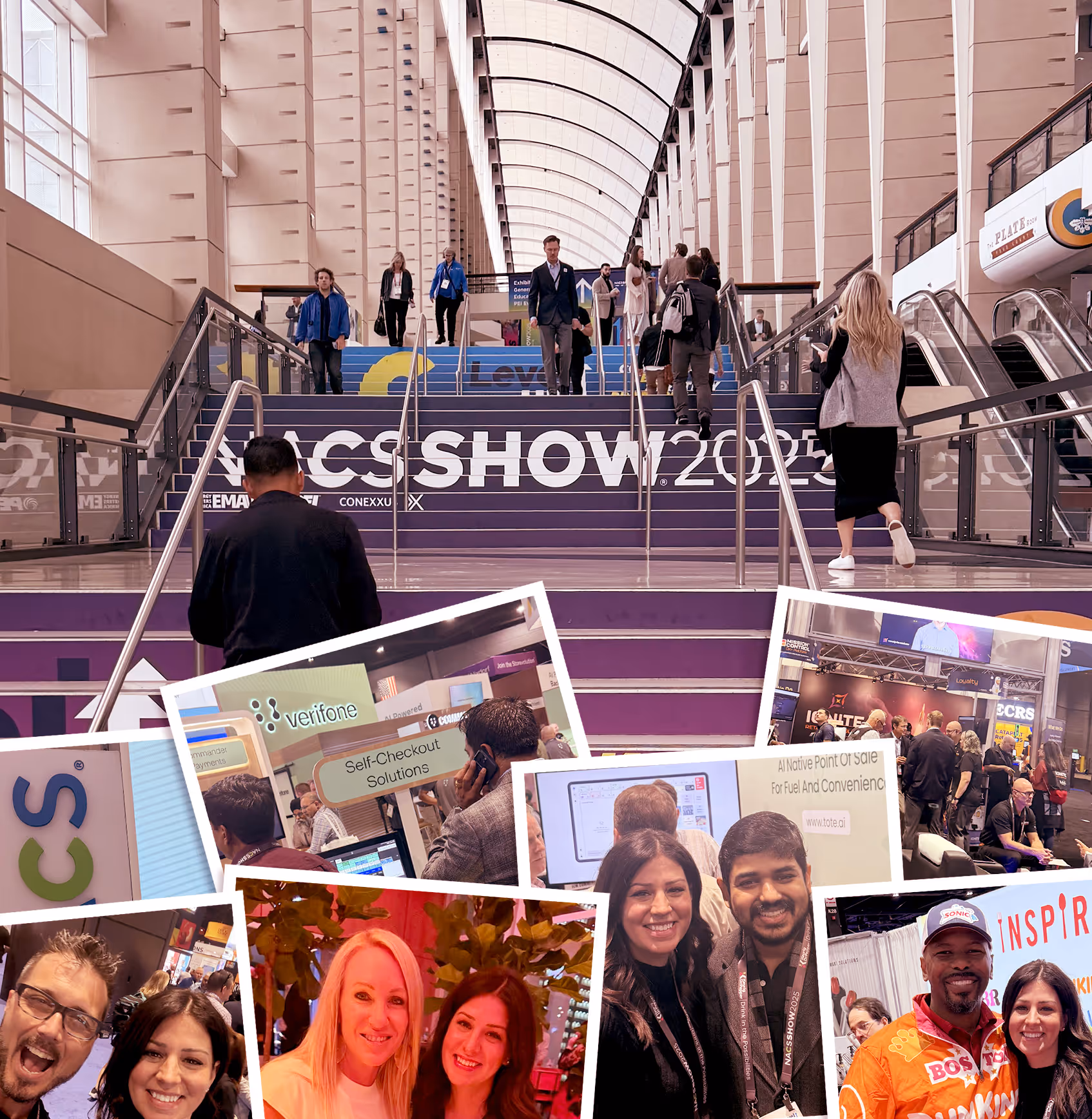People walking near stairs with NACS SHOW 2023 signage and event attendees smiling at booths.