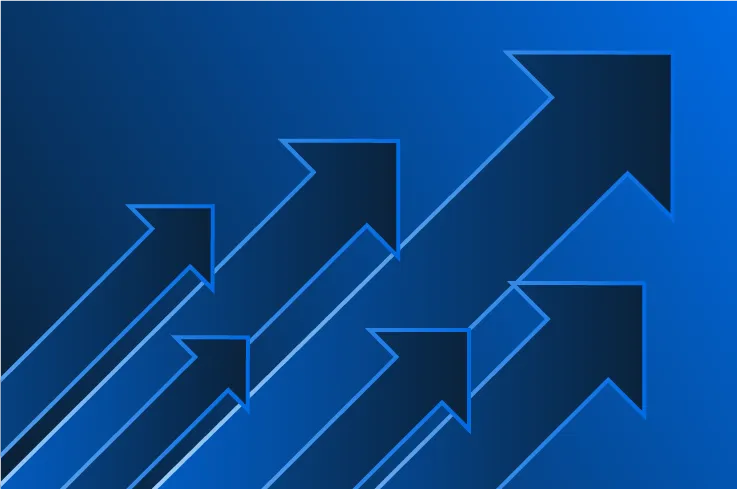 Five dark blue arrows with lighter blue outlines pointing upward and to the right on a blue gradient background.